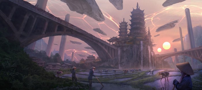 Futuristic Asian city with rice paddies and flying vehicles