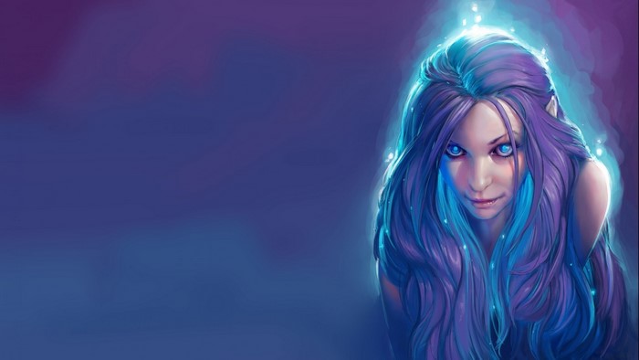 Woman with blue hair and glowing eyes
