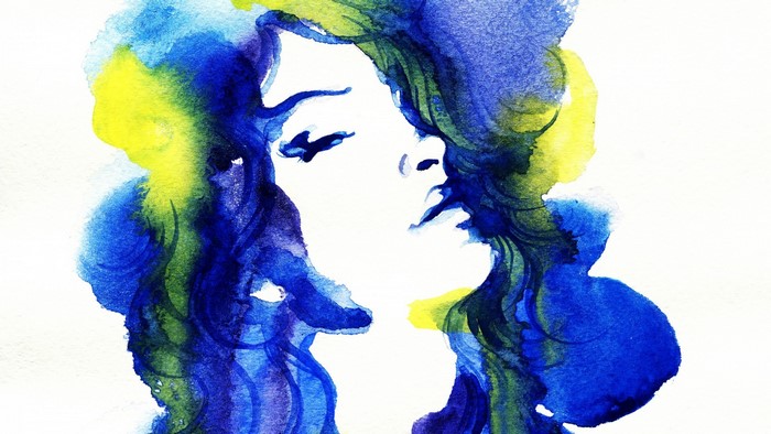Watercolor painting of a woman's face with blue and yellow hair