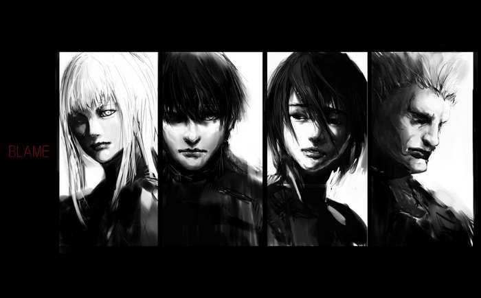 Blame! characters Killy, Sanakan, Domochevsky, and Cibo