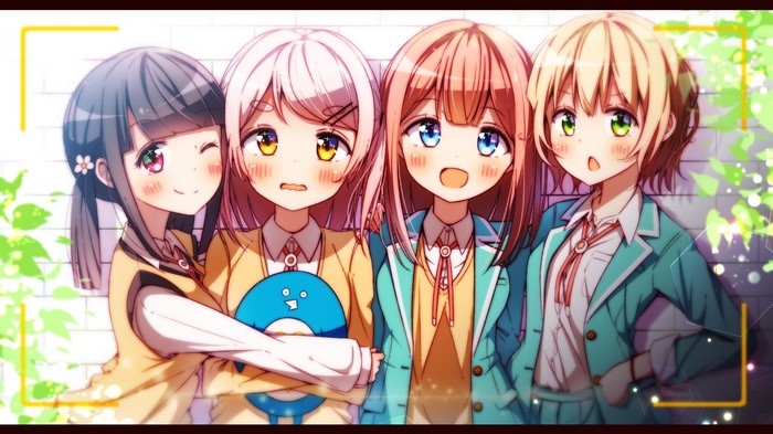 Four anime girls posing together with a plush toy