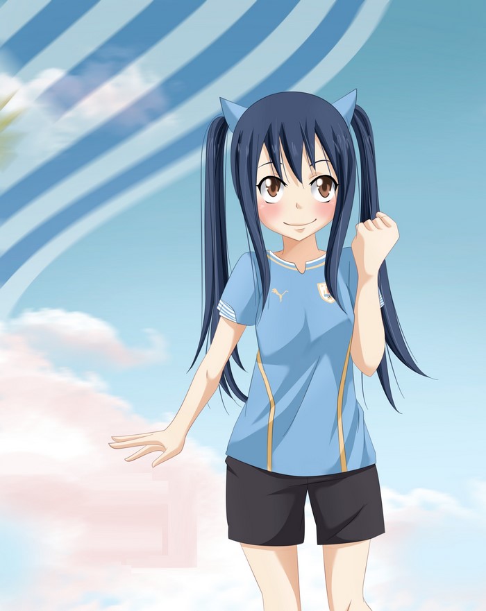Wendy Marvell from Fairy Tail wearing Uruguay soccer jersey