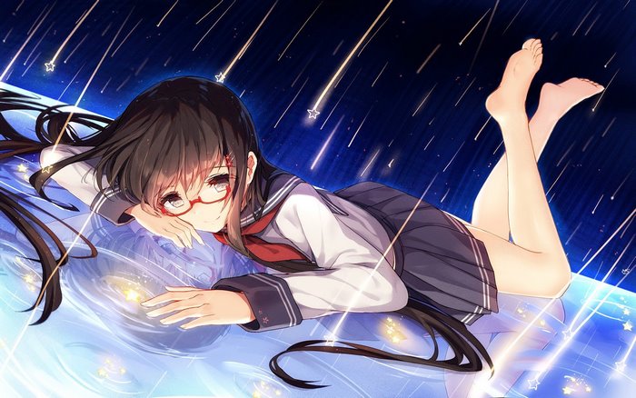 Anime girl with glasses lying down under stars
