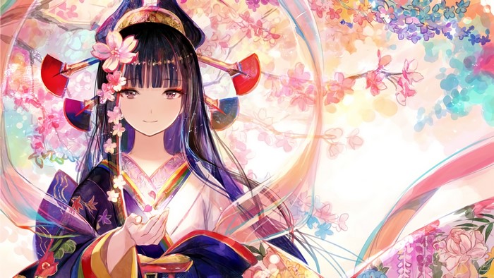 Anime girl in kimono with cherry blossoms