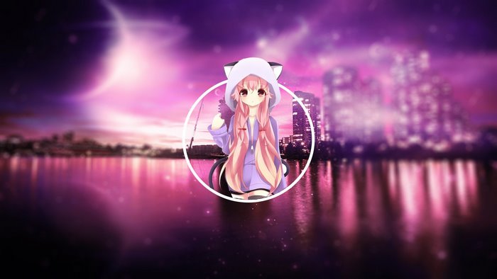 Anime cat girl with pink hair in a city at night