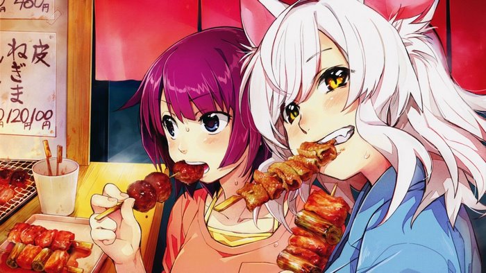 Anime girls eating skewers