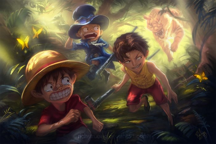 Luffy, Ace, and Sabo from One Piece in a jungle