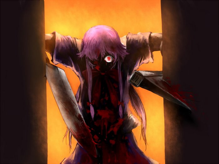 Gasai Yuno from Mirai Nikki with axes and blood