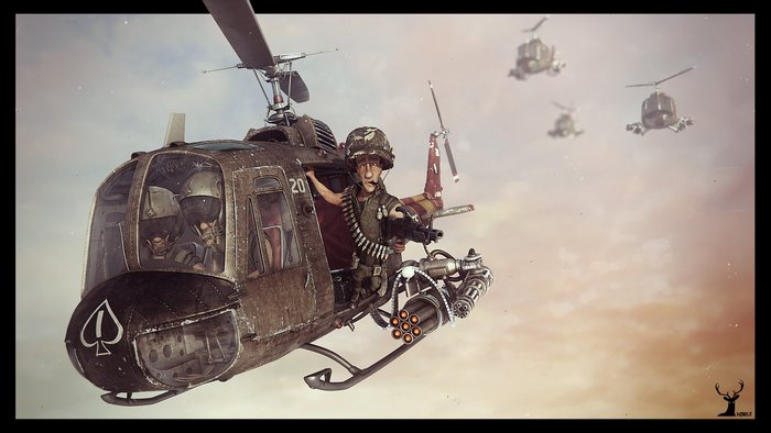 Cartoon soldiers in a helicopter during the Vietnam War