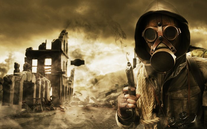 Stalker with gas mask and gun in ruins