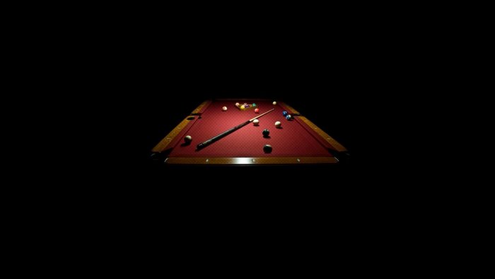 Billiard table with balls and cue stick