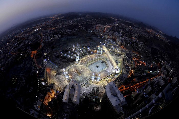Aerial view of the Kaaba in Mecca at night