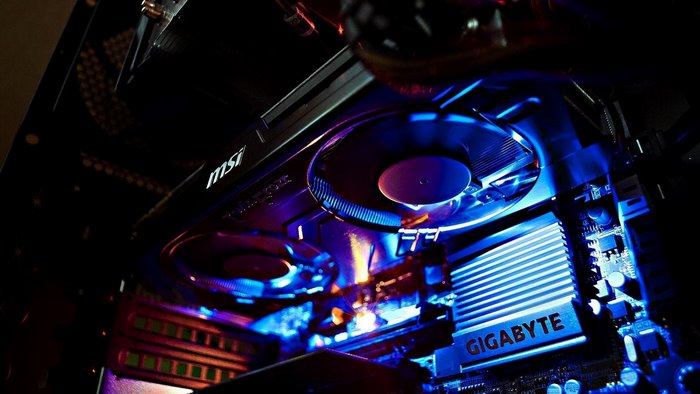MSI and Gigabyte computer components with RGB lighting