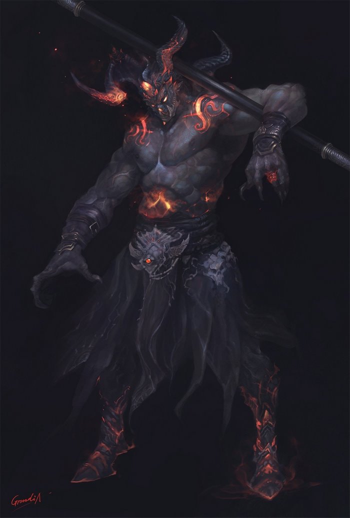 Demon with horns and fiery markings holding a staff