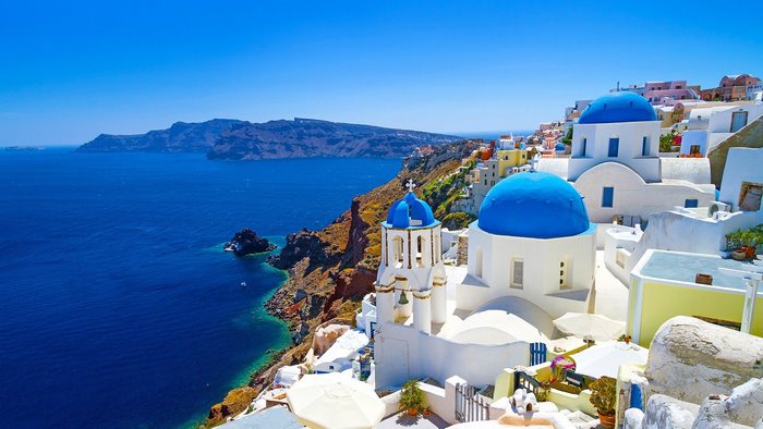 Santorini Greece Blue Domed Churches Overlooking the Sea