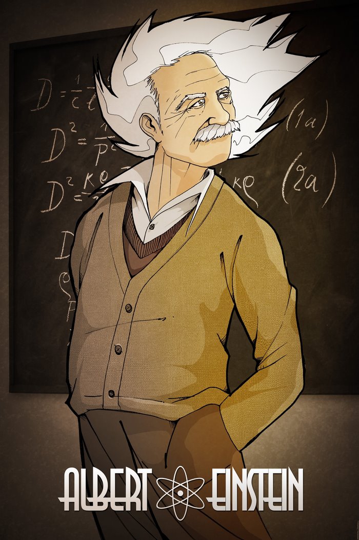 Albert Einstein in front of a chalkboard