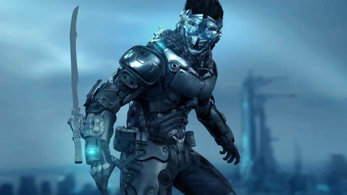 Cyberpunk warrior with sword and mask