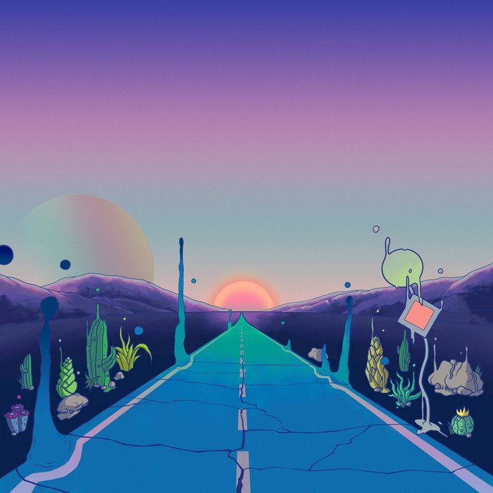 Psychedelic desert road with surreal elements