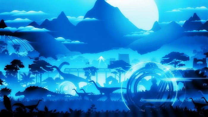 Jurassic World stylized landscape with dinosaurs and mountains