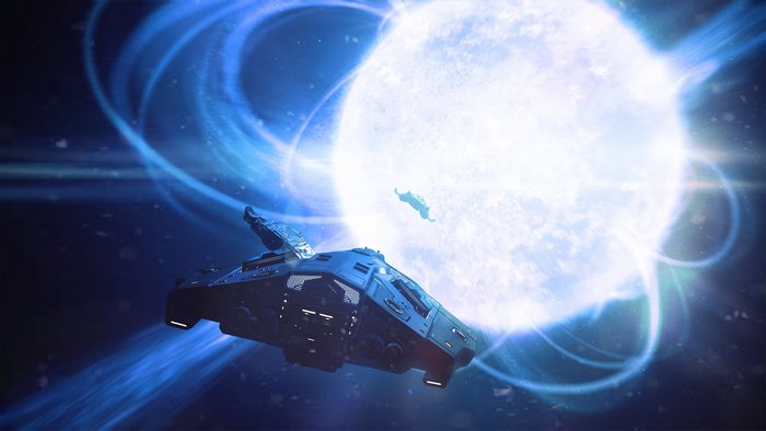 Elite Dangerous spaceship near a bright star