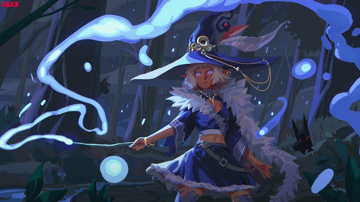 Fantasy art of a witch casting water magic in a forest