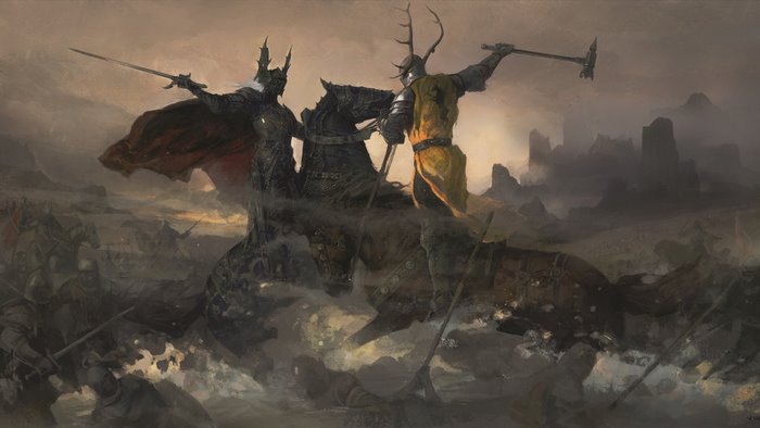 Two knights on horseback in battle