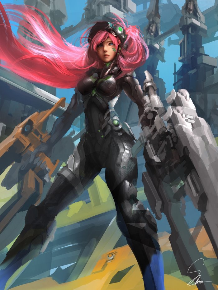 Futuristic warrior with pink hair and guns