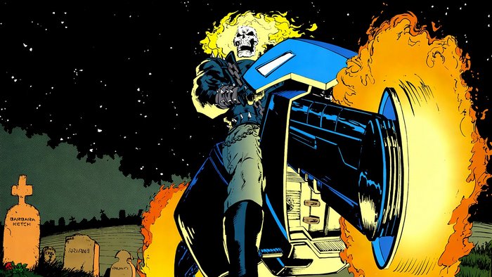 Ghost Rider on a flaming motorcycle in a graveyard