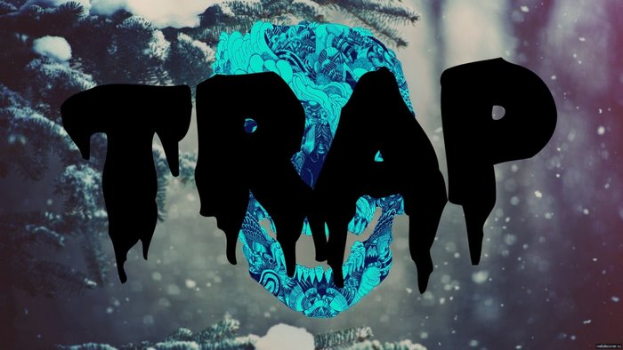 TRAP logo with skull design over snowy trees