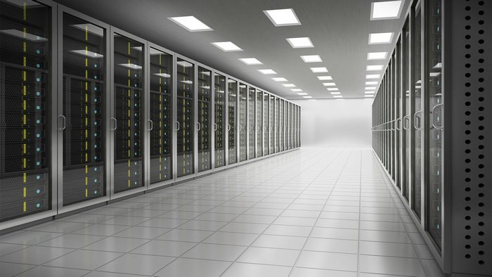 Data center server room with rows of racks