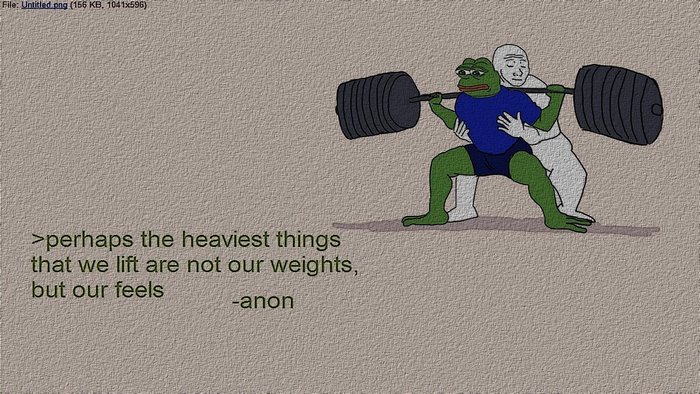 Pepe the Frog lifting weights with Wojak
