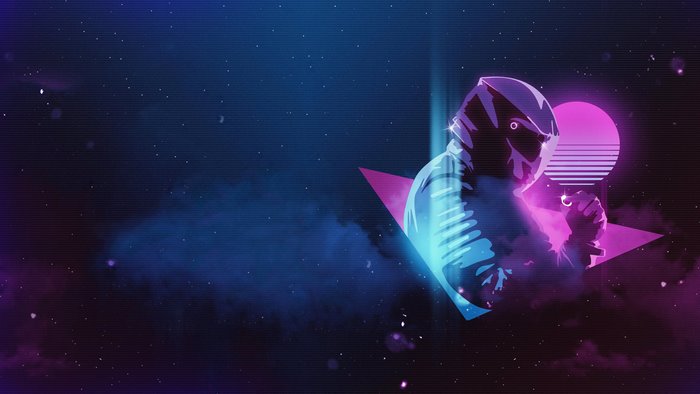 Synthwave motorcyclist with neon sun and triangle