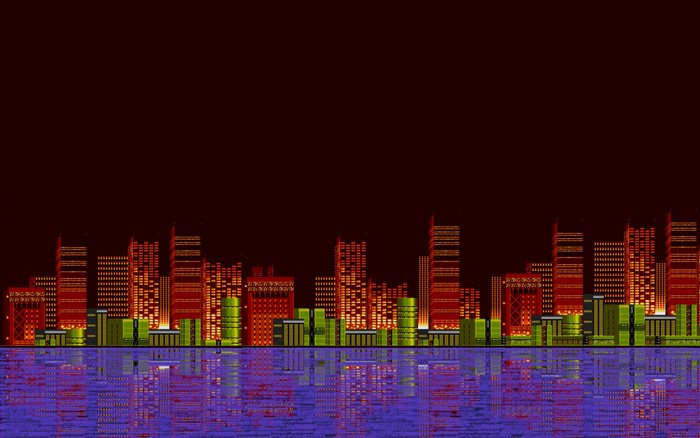 Pixel art city skyline with reflections