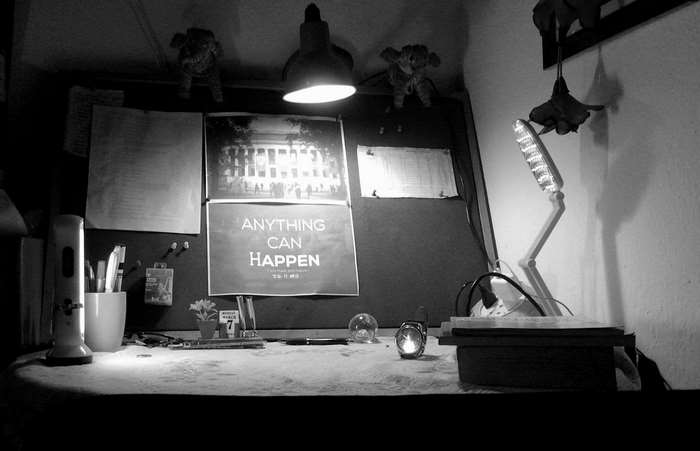 Desk with lamps and inspirational poster