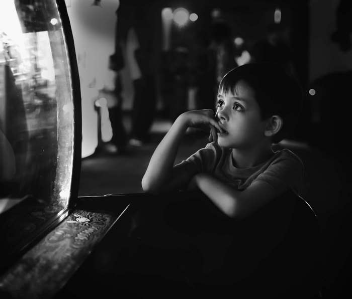 A young boy looking thoughtfully into a display