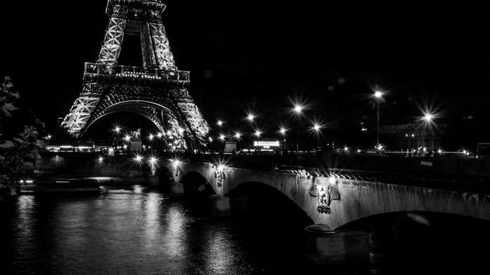 Eiffel Tower and Bridge at Night in Black and White 4K