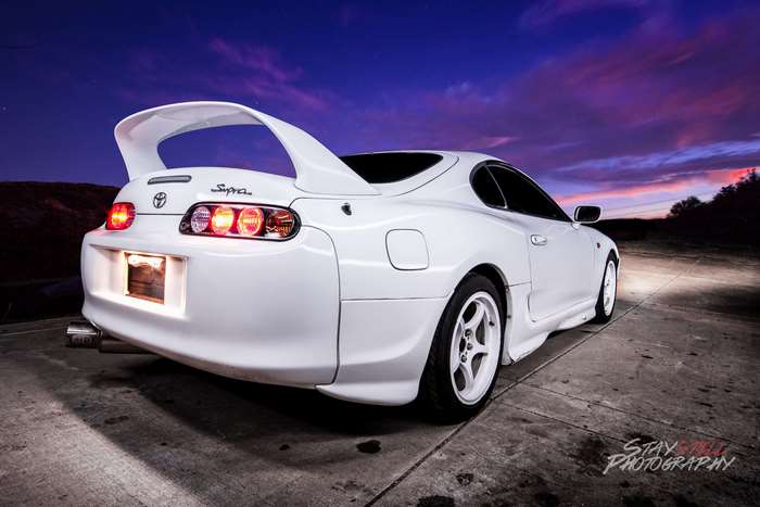 Toyota Supra White Sports Car at Sunset 4K