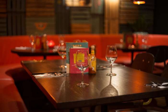 Restaurant dinner table with wine glasses