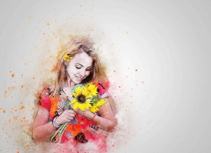 Woman holding sunflowers with watercolor effect