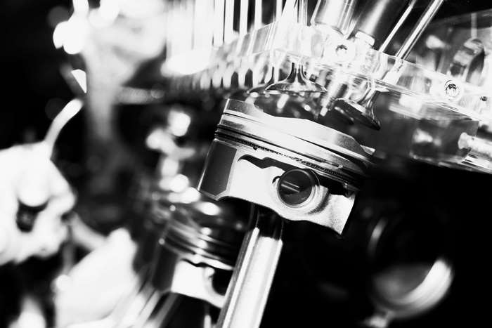 Close-up of a car engine piston and valves