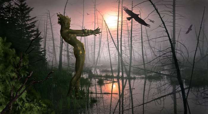 Mystical figure in a misty swamp at sunset