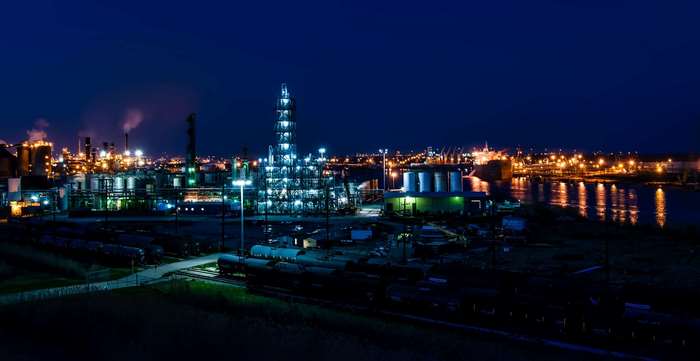 Night panorama of a petrochemical refinery in Port Arthur, Texas
