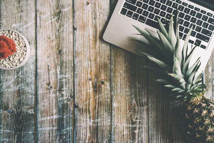 Laptop and pineapple on a wooden desk with a potted plant