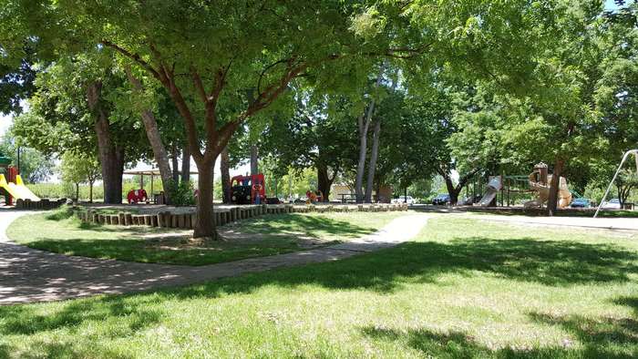 Park playground with slides and trees