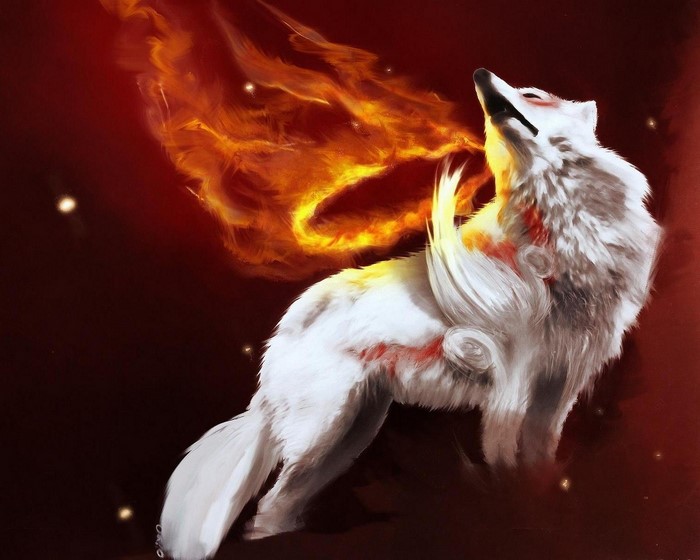 White wolf breathing fire