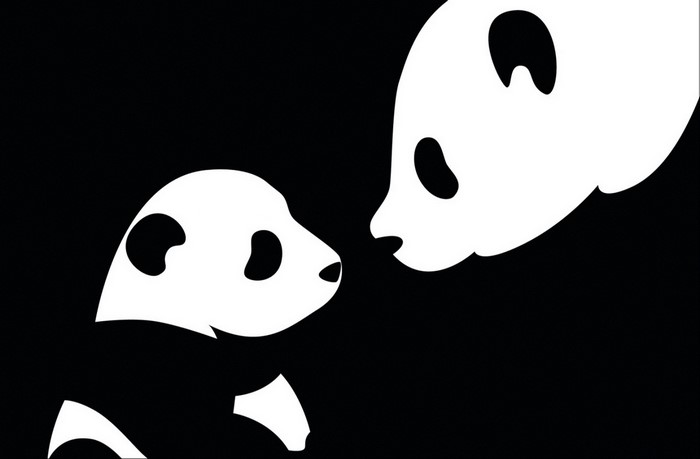 Two pandas facing each other