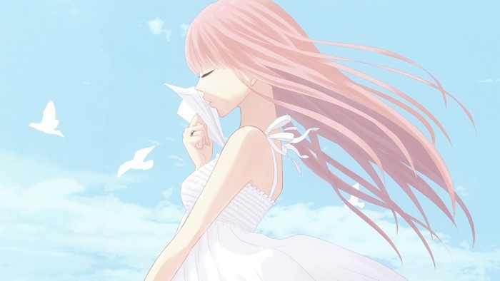 Anime girl with pink hair holding a paper airplane
