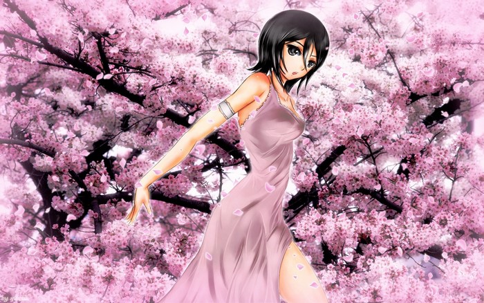 Anime girl in a pink dress among cherry blossoms