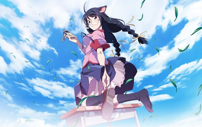 Tsubasa Hanekawa from Bakemonogatari sitting on a desk