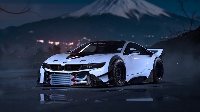 White BMW i8 Tuning Sport Car Front View